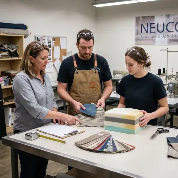Team reviewing upholstery fabric and cushion details