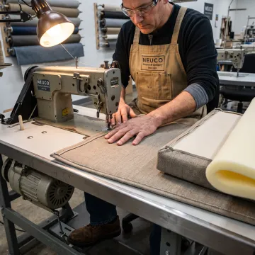 Commercial upholstery specialist sewing a custom cushion