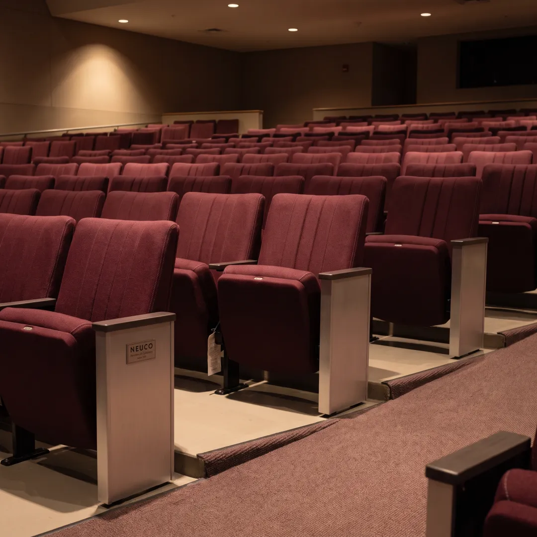 Upholstered theater seats in a modern auditorium
