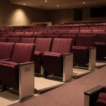 Upholstered theater seats in a modern auditorium