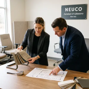 Design team reviewing commercial furniture and fabric samples