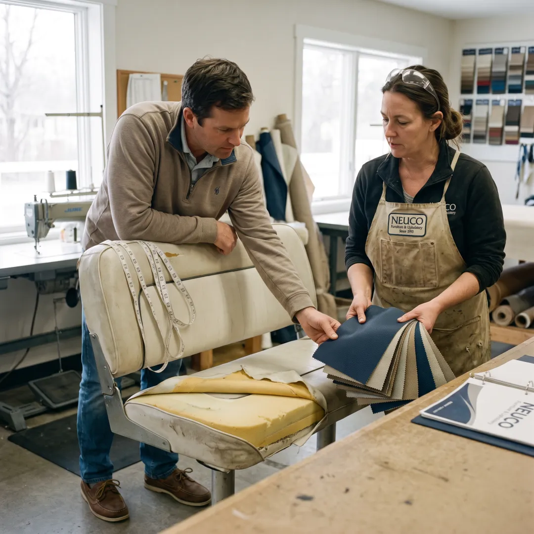 Designer reviewing fabric samples for boat seating