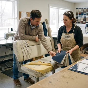 Designer reviewing fabric samples for boat seating