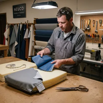 Upholsterer selecting fabric for boat cushions