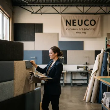 Fabric-wrapped acoustic panels in a commercial industrial interior