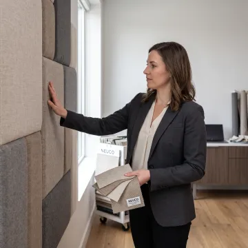 Designer selecting fabric for acoustic wall panels