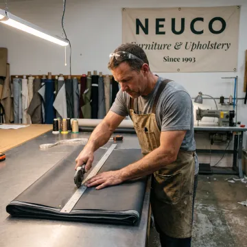 Technician cutting upholstery fabric for custom commercial furniture