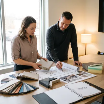 Design team reviewing acoustic panel samples for a gym