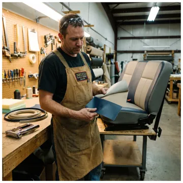 Upholsterer selecting fabric for commercial vehicle seating