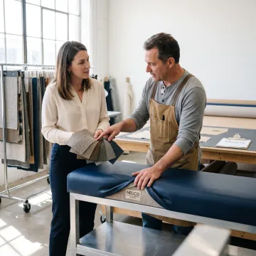 Designer reviewing upholstery fabric for commercial seating