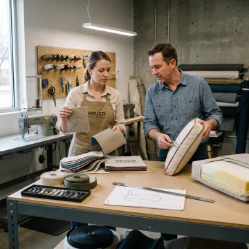 Designer reviewing custom bag materials and construction details