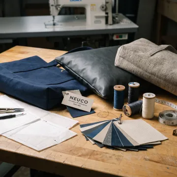 Custom bags arranged with fabric samples in a workshop