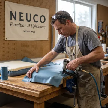 Technician upholstering a medical exam table cushion
