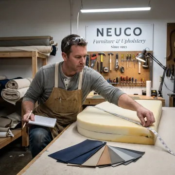 Technician measuring a boat cushion for upholstery