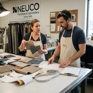 Commercial upholstery team reviewing fabric samples and cushion plans