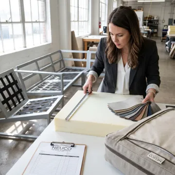 Designer reviewing outdoor cushion fabric samples