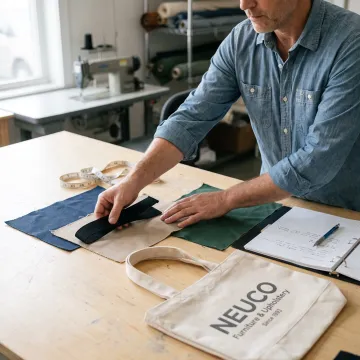 Designer reviewing custom canvas tote bag materials