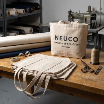 Custom canvas tote bags in a production workspace