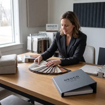 Designer reviewing commercial furniture materials