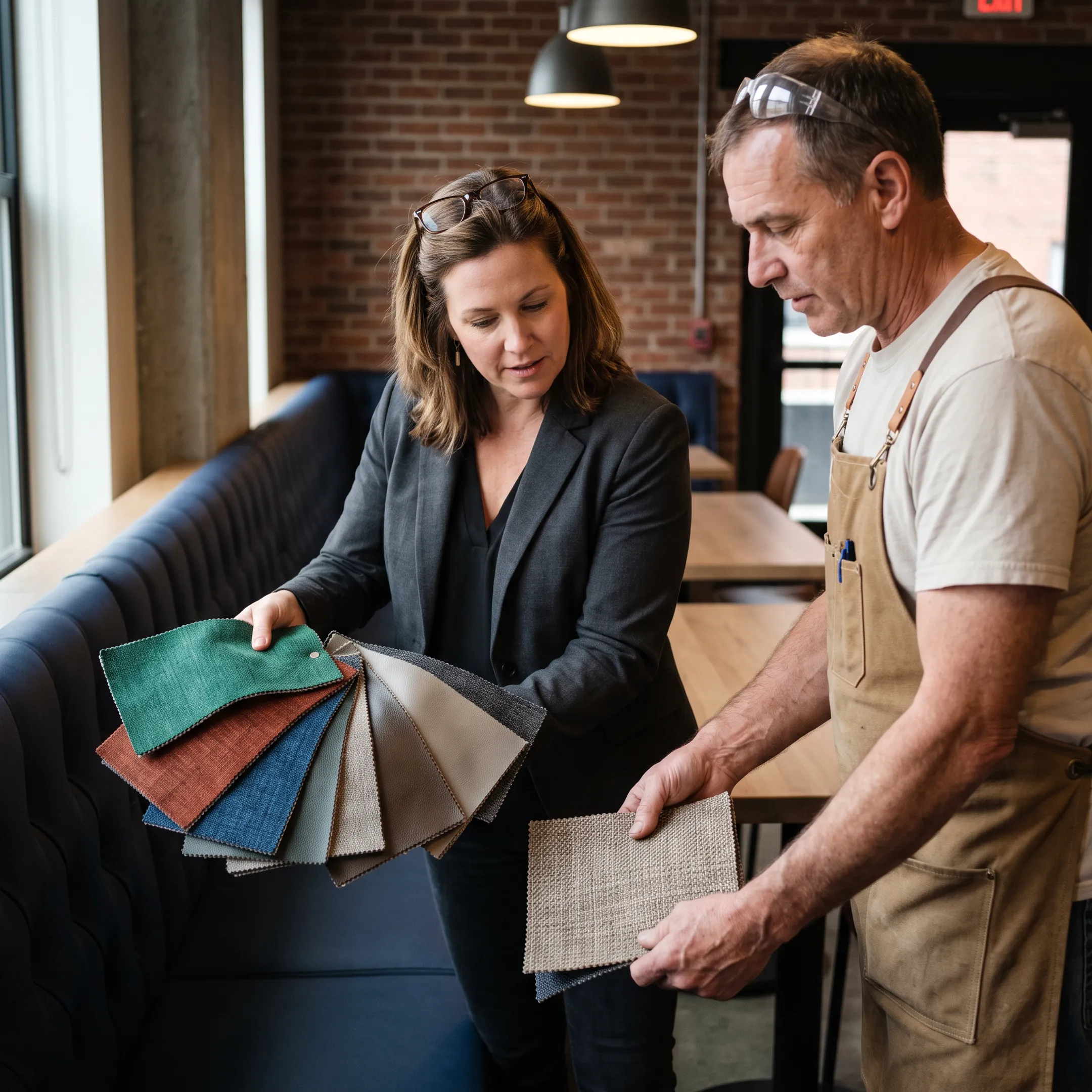 Designer reviewing upholstery fabric with seating