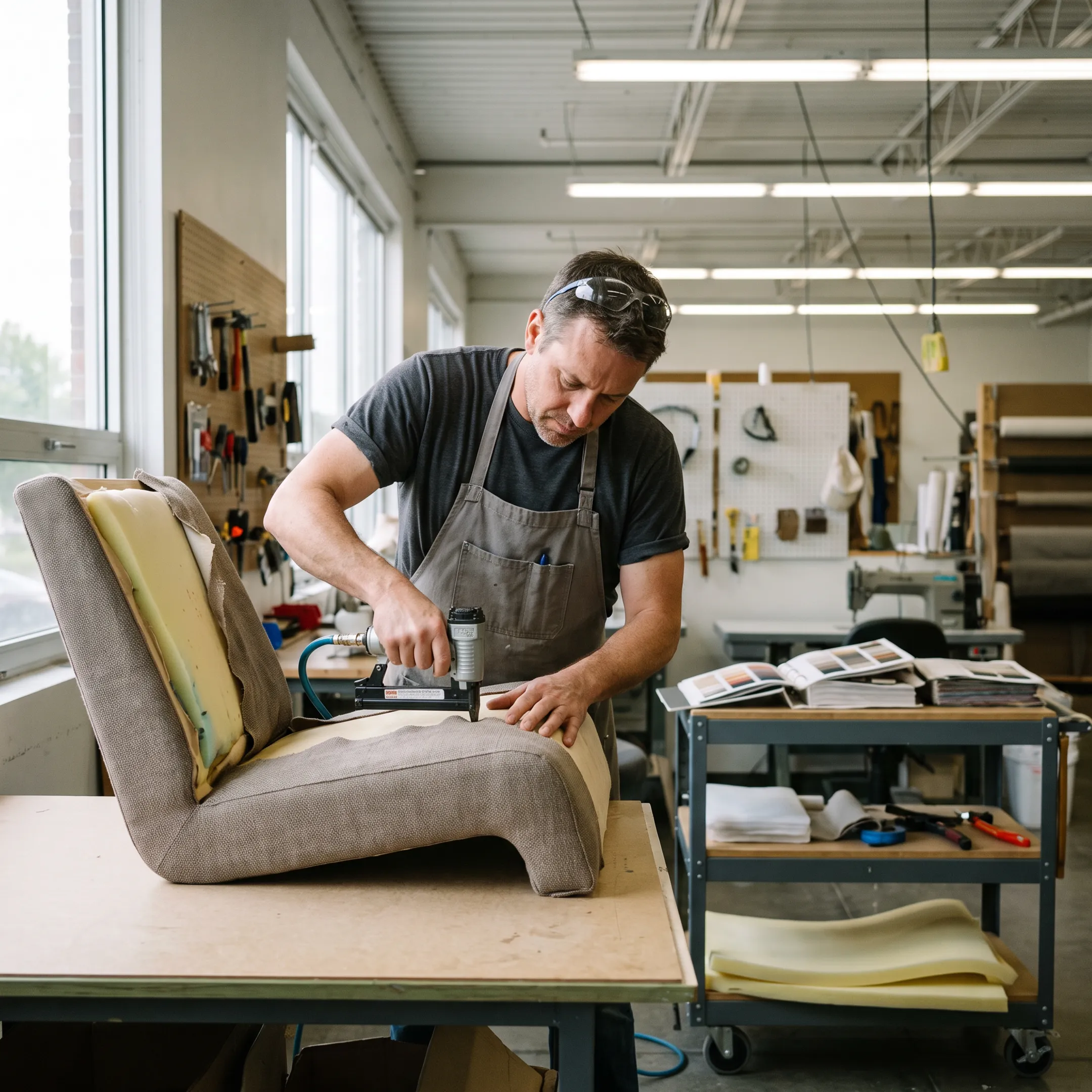 Technician restoring upholstered commercial seating