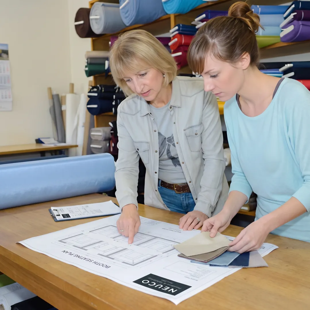 Designer reviewing restaurant booth fabric samples