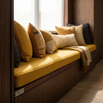 Custom upholstered cushion on an indoor window seat