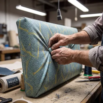 Upholsterer creating button tufted booth back