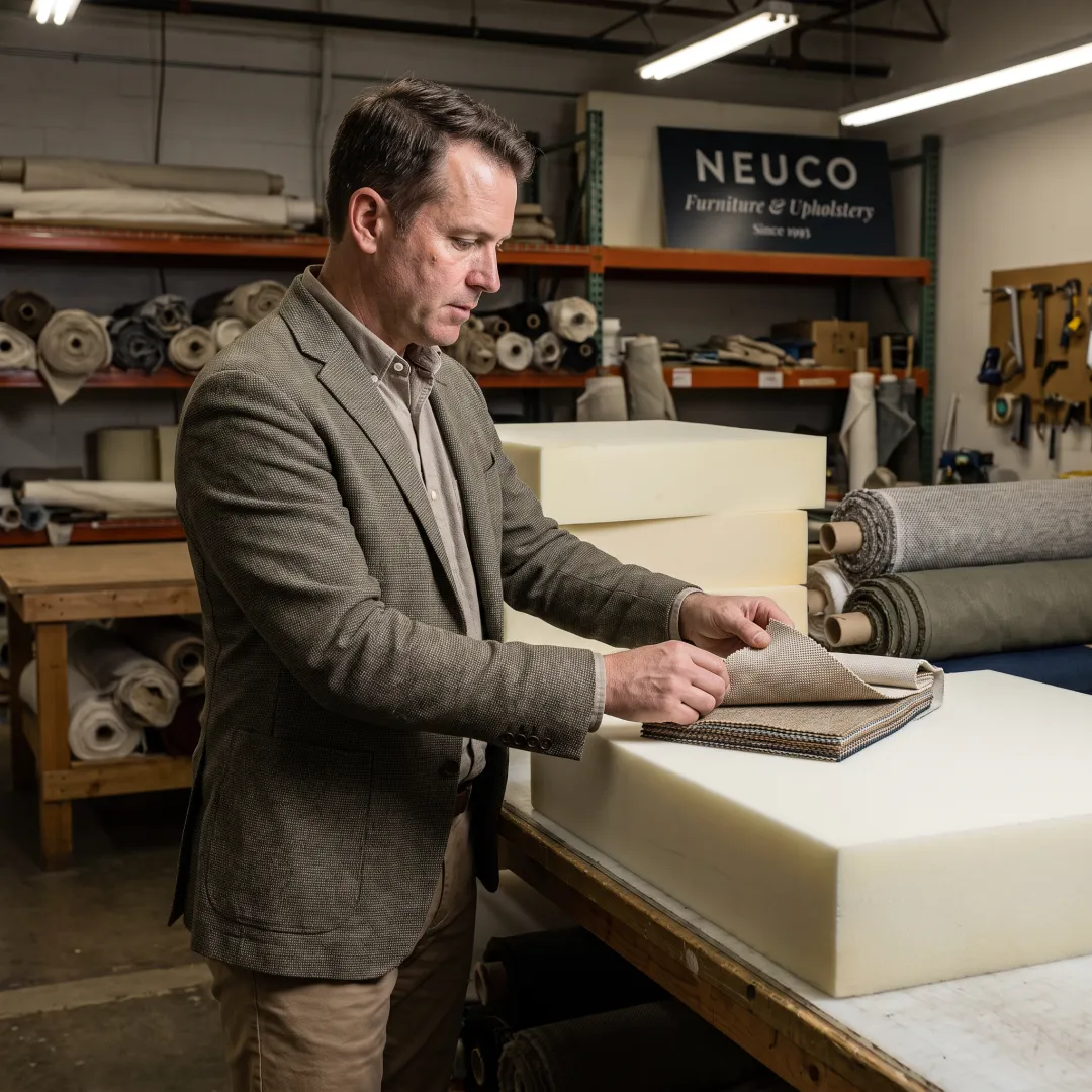 Designer selecting fabric for custom foam cushions