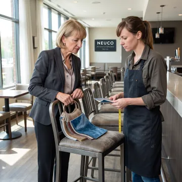 Designer reviewing upholstery fabric for bar stools