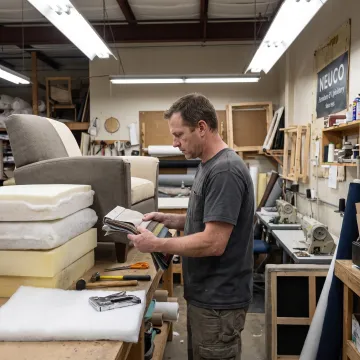 Upholsterer selecting fabric for commercial seating