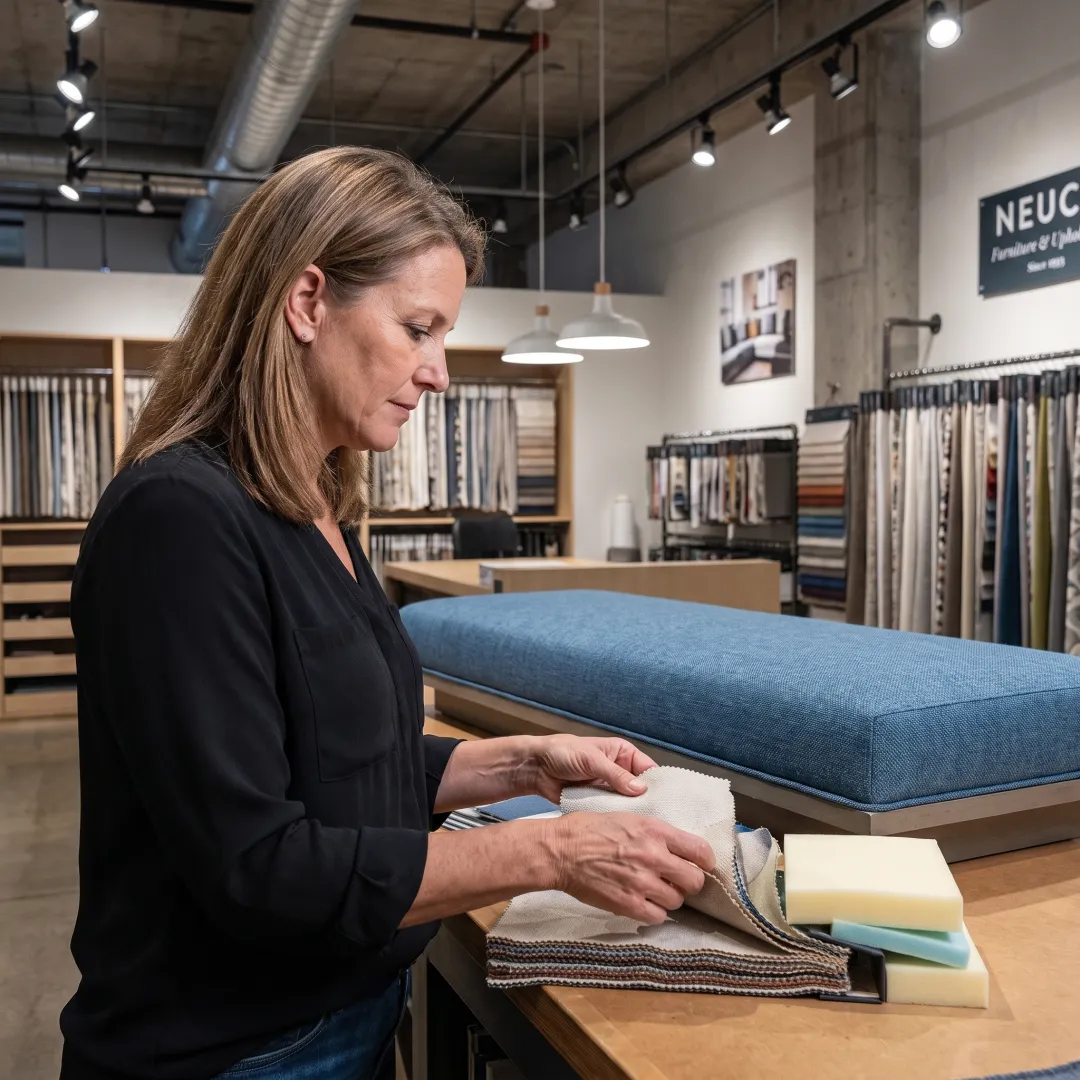 Designer selecting fabric for a custom bench cushion
