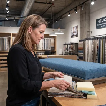 Designer selecting fabric for a custom bench cushion