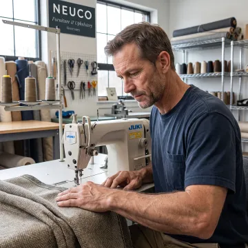 Industrial sewing professional working on commercial upholstery