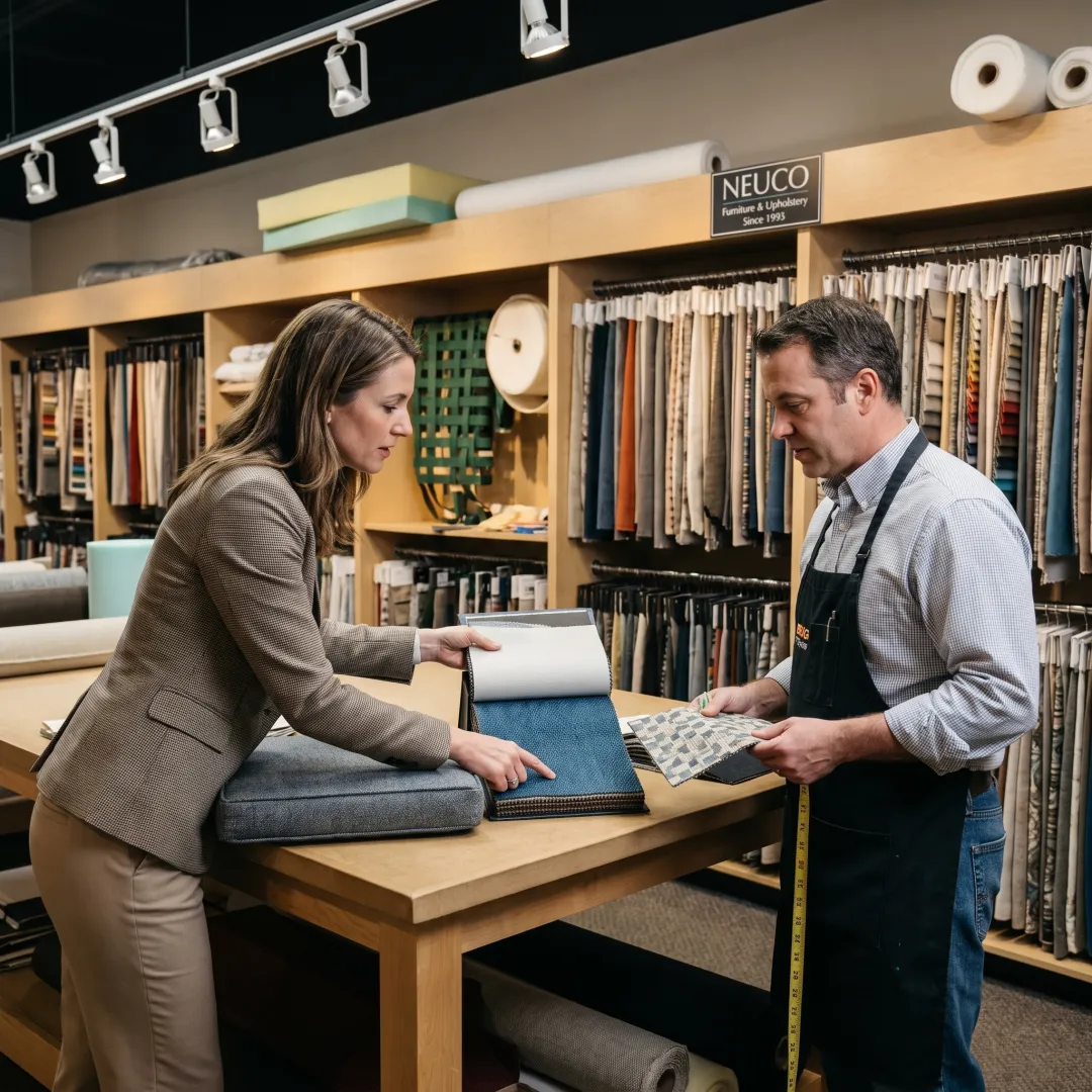 Designer reviewing fabric choices with upholstery specialist