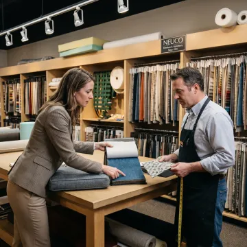 Designer reviewing fabric choices with upholstery specialist