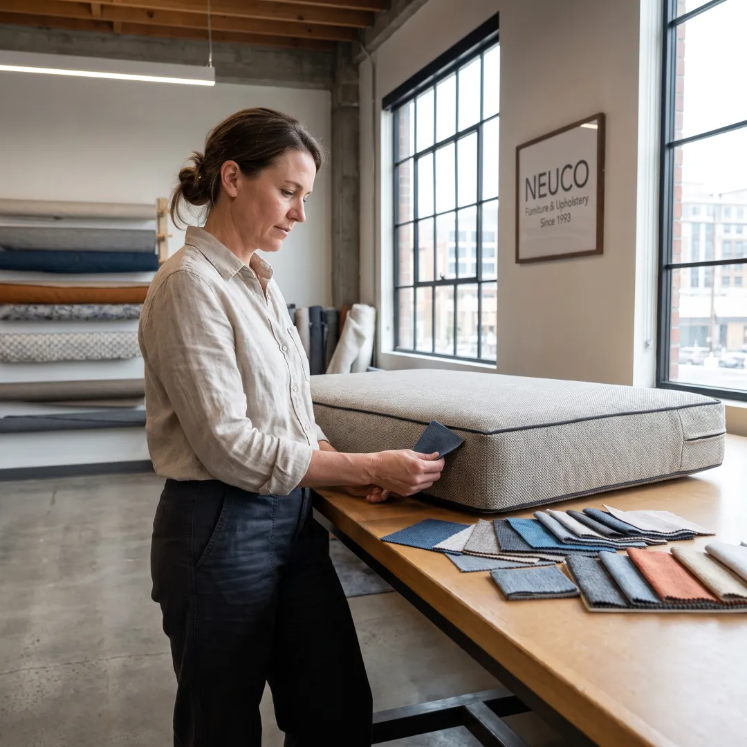 Fabric samples and custom commercial cushion in a design workspace