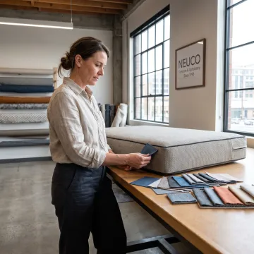 Fabric samples and custom commercial cushion in a design workspace