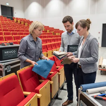 Design team reviewing theater seating fabrics