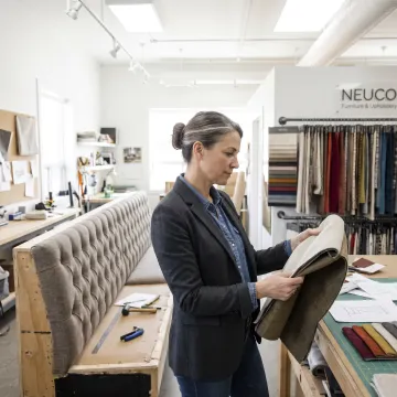 Designer reviewing fabric swatches for hotel seating