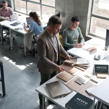 Team selecting office desk finishes