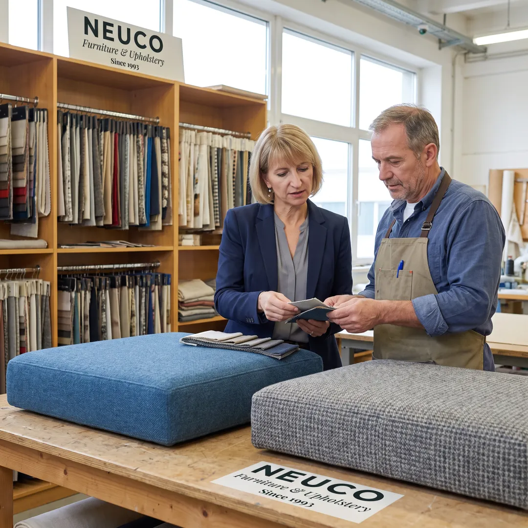 Designer reviewing fabric options for commercial seating