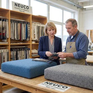 Designer reviewing fabric options for commercial seating