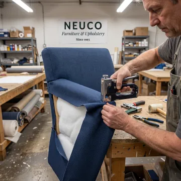 Commercial seating being reupholstered in a workshop