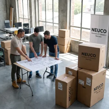 Commercial furniture installation team reviewing a floor plan