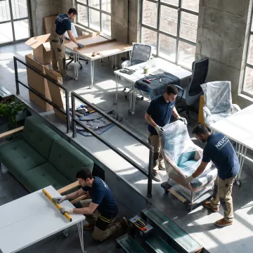 Commercial team installing furniture in a modern office