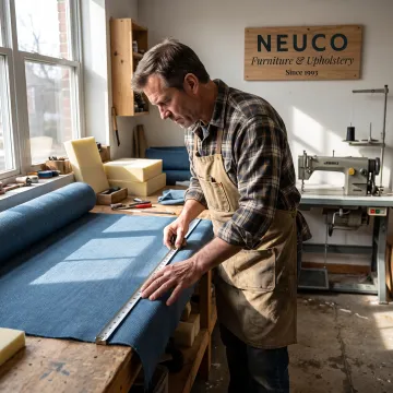 Upholstery specialist creating a custom commercial seat cushion