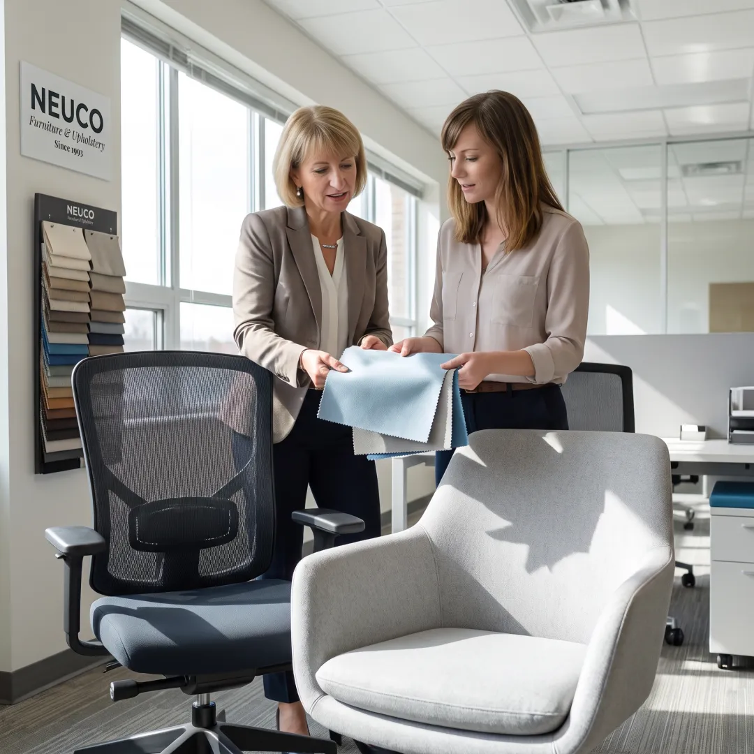 Designer reviewing fabric samples for office furniture