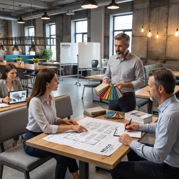 Designer reviewing classroom upholstery samples