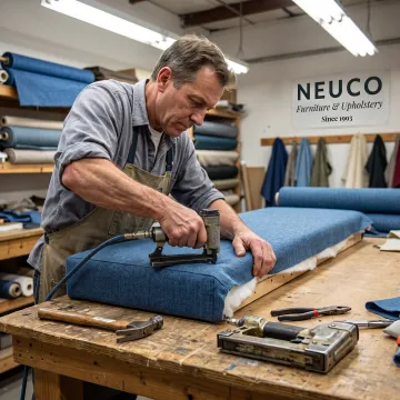 Upholsterer fitting custom fabric on commercial seating
